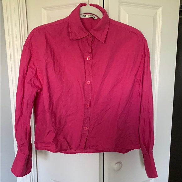 Zara Magenta Fuchsia Cropped Boxy Button Down Linen Shirt - Picture 2 of 12